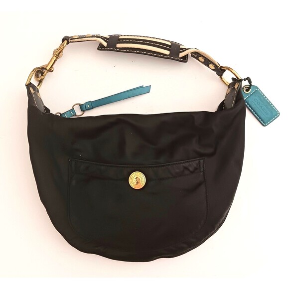 Vtg Y2K Coach Hampton Blk Satin Hobo Crescent #116 Buckle Strap Teal Lining - Picture 1 of 13